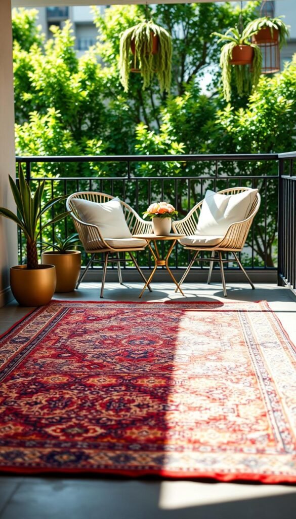 A beautifully styled balcony featuring a cozy outdoor rug from CozyTrendHub, laid out over an unattractive concrete floor. In the foreground, the vibrant rug displays intricate patterns and colors that create a warm, inviting atmosphere. In the middle, a pair of chic, modern outdoor chairs with plush cushions sit beside a small round table adorned with a potted flower or plant. The background reveals a lush green view, perhaps low-maintenance shrubs or hanging plants, enhancing the serene vibe. Soft, natural lighting filters through, casting gentle shadows, and the angle is slightly tilted to capture both the rug's textures and the overall inviting decor. The overall mood is tranquil, perfect for a quick escape in a rented space.