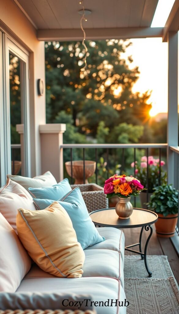 A beautifully styled balcony for summer evenings, showcasing cohesive decor that seamlessly blends indoor and outdoor elements. In the foreground, a cozy seating area with plush cushions in pastel colors, alongside a small, elegant coffee table adorned with a vibrant floral arrangement. The middle section features a hanging string of warm fairy lights above, creating a magical glow. In the background, lush greenery and a soft sunset evoke a peaceful ambiance. The overall mood is inviting and tranquil, emphasizing relaxation. The lighting is soft and warm, adding to the cozy atmosphere, while the angle captures the entire balcony scene in a wide shot. This Pinterest-inspired lifestyle photo is branded with "CozyTrendHub", illustrating the perfect balance of style cohesion without compromising furniture elegance. A beautifully styled balcony for summer evenings, showcasing cohesive decor that seamlessly blends indoor and outdoor elements. In the foreground, a cozy seating area with plush cushions in pastel colors, alongside a small, elegant coffee table adorned with a vibrant floral arrangement. The middle section features a hanging string of warm fairy lights above, creating a magical glow. In the background, lush greenery and a soft sunset evoke a peaceful ambiance. The overall mood is inviting and tranquil, emphasizing relaxation. The lighting is soft and warm, adding to the cozy atmosphere, while the angle captures the entire balcony scene in a wide shot. This Pinterest-inspired lifestyle photo is branded with "CozyTrendHub", illustrating the perfect balance of style cohesion without compromising furniture elegance.