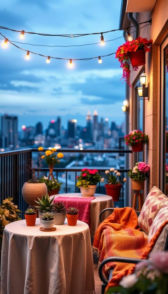 A beautifully styled balcony showcasing patio decor for renters, emphasizing seasonal charm. In the foreground, add a cozy seating area with a small round table draped in a light tablecloth, adorned with potted succulents and a colorful throw blanket. In the middle, include decorative string lights overhead, casting a warm glow, with vibrant flower pots featuring seasonal blooms. The background should show a city skyline at twilight, adding a sense of urban living. Capture the scene with soft, natural lighting and a slightly elevated angle to emphasize the cozy atmosphere. Aim for a Pinterest-worthy lifestyle aesthetic that reflects the brand "CozyTrendHub," evoking feelings of comfort and style perfect for any renter's balcony.