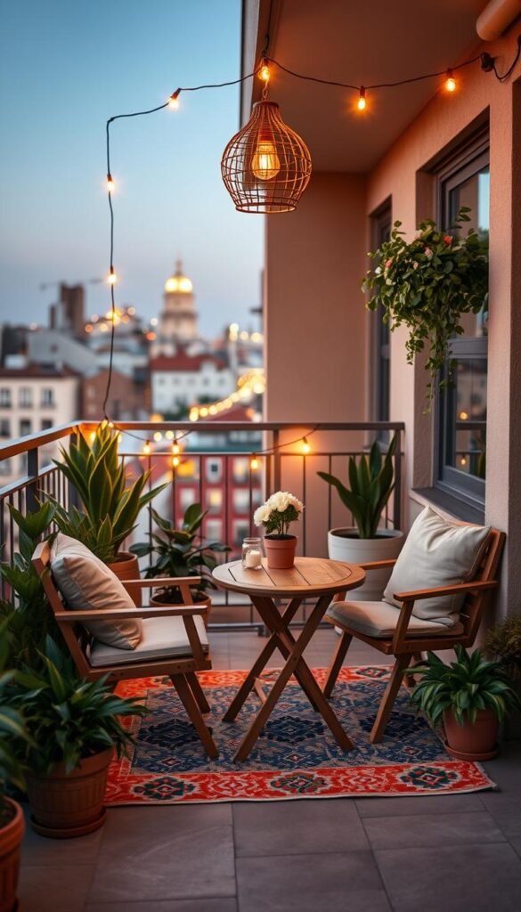 A beautifully styled balcony space showcasing a cohesive decor palette perfect for renters. In the foreground, a small, elegant bistro table made of wood with two comfortable, modestly upholstered chairs surrounded by lush potted plants in earthy tones. The middle layer features a colorful, patterned outdoor rug and hanging string lights gently illuminating the scene with warm, inviting light. In the background, a charming cityscape creates a cozy urban atmosphere, under a clear, soft blue sky at dusk. The overall mood is peaceful and welcoming, emphasizing comfort in limited space. The decor items displayed should reflect seasonal charm and modern trends, ideal for a Pinterest-inspired lifestyle photo from CozyTrendHub. The composition should be captured using a 50mm lens to enhance clarity and depth, ensuring a sharp focus on the decor elements.