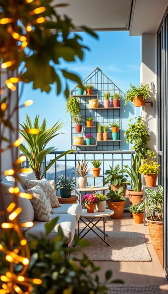 A beautifully styled balcony with renter-friendly decor ideas, showcasing a cozy seating area with soft cushions and a small table adorned with potted plants. In the foreground, a vibrant arrangement of decorative fairy lights creates a warm ambiance. The middle ground features a stylish, non-drilling wall hanging or shelf displaying colorful flower pots and decorative items. In the background, a clear blue sky complements the greenery of surrounding plants. The scene is illuminated with soft, natural sunlight, captured from a slight angle to emphasize depth and texture. This Pinterest-style lifestyle photo conveys a serene and inviting atmosphere, perfect for inspiring balcony decor ideas. Ideal for CozyTrendHub's decor themes, ensuring a visually appealing presentation.