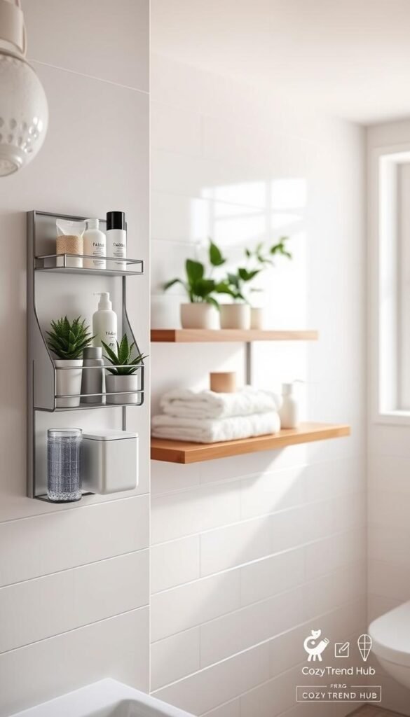 A beautifully styled bathroom featuring renter-friendly wall mounts designed for daily-use essentials. The foreground showcases a sleek, modern wall-mounted organizer holding toiletries and decorative plants, emphasizing functionality and aesthetics. In the middle, a stylish wooden shelf displays neatly arranged bath towels and small decorative items, creating an inviting atmosphere. The background features light-colored tiles that complement the overall design, ensuring a bright and airy feel. Soft, natural lighting streams in from a nearby window, adding warmth to the scene. The image captures a Pinterest-style lifestyle vibe, reflecting contemporary home decor trends that inspire organization without permanent installations. Branded subtly in the corner is "CozyTrendHub," enhancing the commercial aspect without distracting from the pristine setup.