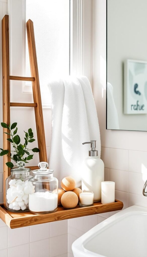 A beautifully styled bathroom refresh scene featuring essential refresh items arranged neatly on a wooden shelf. In the foreground, display elegant glass jars filled with cotton swabs, bath salts, and natural sponges, alongside a small decorative plant for a touch of greenery. In the middle ground, a plush white towel hangs gracefully on a rustic ladder, while a stylish soap dispenser and a minimalist tray with candles create an inviting atmosphere. The soft, natural lighting filters in through a frosted window, casting gentle shadows that add warmth. The background features neutral-colored tiles and a simple mirror reflecting the cozy decor. The overall mood is tranquil and rejuvenating, embodying the essence of a fresh start in a new home. Perfect for illustrating a bathroom makeover featured in CozyTrendHub. A beautifully styled bathroom refresh scene featuring essential refresh items arranged neatly on a wooden shelf. In the foreground, display elegant glass jars filled with cotton swabs, bath salts, and natural sponges, alongside a small decorative plant for a touch of greenery. In the middle ground, a plush white towel hangs gracefully on a rustic ladder, while a stylish soap dispenser and a minimalist tray with candles create an inviting atmosphere. The soft, natural lighting filters in through a frosted window, casting gentle shadows that add warmth. The background features neutral-colored tiles and a simple mirror reflecting the cozy decor. The overall mood is tranquil and rejuvenating, embodying the essence of a fresh start in a new home. Perfect for illustrating a bathroom makeover featured in CozyTrendHub.