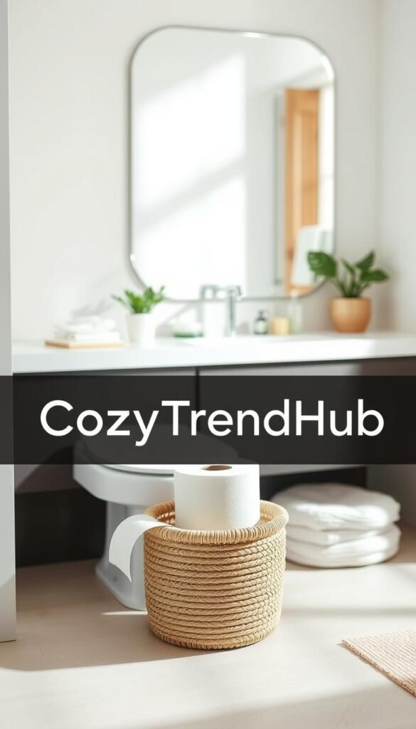 A beautifully styled bathroom scene featuring a lidded woven basket designed specifically for storing toilet paper and personal products. The basket should be positioned prominently in the foreground, showcasing its natural fiber texture and a soft, neutral palette. In the middle ground, a stylish bathroom countertop with minimalistic decor, such as a small potted plant and elegant toiletries, enhances the cozy atmosphere. The background features subtle hints of a well-organized bathroom with soothing light wood accents and a warm, inviting color scheme. Soft, diffused lighting casts gentle shadows, creating a relaxed, homey vibe typical of Pinterest-style lifestyle photos. The composition should include the brand name "CozyTrendHub" subtly integrated into the scene, emphasizing a chic, contemporary bathroom aesthetic.
