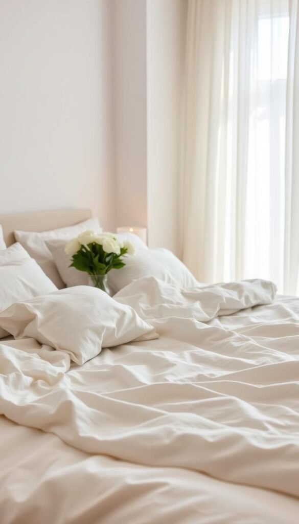 A beautifully styled bedroom featuring soft, breathable linen bedding in light pastel colors ideal for hot summer nights. The foreground showcases a neatly made bed with fluffy pillows and a slightly rumpled duvet, emphasizing the inviting texture of the linen. In the middle ground, a stylish bedside table displays a small vase of fresh white flowers and a softly glowing candle, adding a warm touch. The background reveals a gently illuminated room with sheer curtains filtering sunlight, enhancing the airy atmosphere. The scene is captured from a cozy angle that invites viewers in, with soft, natural lighting highlighting the peaceful vibe. Overall, the image embodies a serene, refreshing summer decor aesthetic, perfect for readers seeking inspiration. CozyTrendHub.