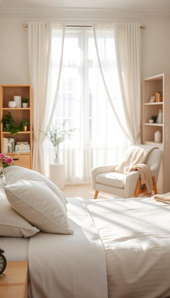 A beautifully styled bedroom in the early morning light, featuring a neatly made bed with fluffy white linens and soft pastel throw pillows. On the bedside table, a sleek alarm clock and a small vase with fresh flowers add a touch of charm. The middle ground showcases a cozy reading nook with a plush armchair and a warm throw blanket draped over it. In the background, soft sunlight streams through sheer curtains, illuminating a calming, organized space with light wooden accents and minimalistic decor, creating a serene and inviting atmosphere. Capture this scene in a soft focus with natural lighting, emphasizing warmth and tranquility, perfect for a Pinterest lifestyle photo. Style it in alignment with CozyTrendHub trends, evoking a sense of peace and readiness for the day ahead. A beautifully styled bedroom in the early morning light, featuring a neatly made bed with fluffy white linens and soft pastel throw pillows. On the bedside table, a sleek alarm clock and a small vase with fresh flowers add a touch of charm. The middle ground showcases a cozy reading nook with a plush armchair and a warm throw blanket draped over it. In the background, soft sunlight streams through sheer curtains, illuminating a calming, organized space with light wooden accents and minimalistic decor, creating a serene and inviting atmosphere. Capture this scene in a soft focus with natural lighting, emphasizing warmth and tranquility, perfect for a Pinterest lifestyle photo. Style it in alignment with CozyTrendHub trends, evoking a sense of peace and readiness for the day ahead.
