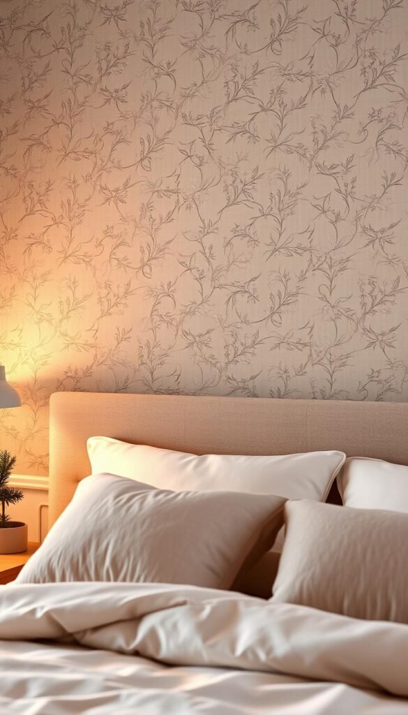 A beautifully styled bedroom scene featuring a cozy headboard against a textured wallpaper that evokes warmth and serenity. The headboard is upholstered in soft, neutral tones, adorned with fluffy pillows that invite relaxation. The wallpaper showcases a delicate floral pattern in muted pastels, creating a serene backdrop. Soft, ambient lighting casts a gentle glow, enhancing the tranquil atmosphere of the room. A bedside table holds a small potted plant and a calming candle, adding to the cozy decor. The scene is shot from a slight angle that highlights the wallpaper and headboard, capturing the essence of a peaceful retreat. This Pinterest-style lifestyle photo embodies modern, stylish comfort, perfect for creating a cozy bedroom vibe. Designed for CozyTrendHub.