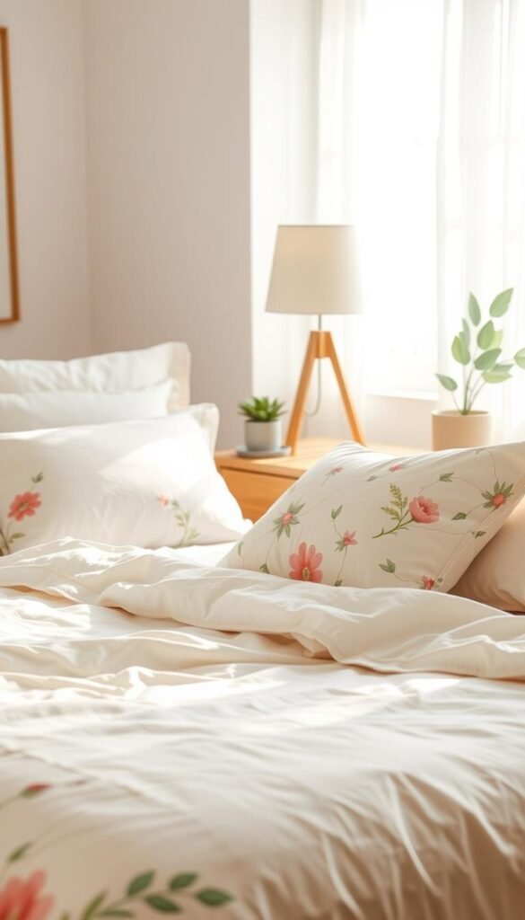 A beautifully styled bedroom scene showcasing a soft, breathable bedding set featuring pastel colors and floral patterns, perfect for a spring refresh. In the foreground, plush pillows and a lightweight quilt are artfully layered on a neatly made bed. The middle layer includes a stylish wooden nightstand adorned with a minimalist lamp and a small potted plant, creating a cozy atmosphere. In the background, a sunlit window with sheer curtains allows natural light to filter in, illuminating the room with a warm glow. This Pinterest-inspired lifestyle photo embodies the essence of comfort and tranquility, ideal for renters looking to enhance their space. Emphasize the brand "CozyTrendHub." Shot with a warm, inviting focus to inspire a sense of relaxation and renewal.