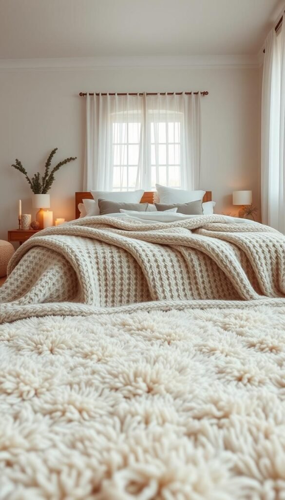A beautifully styled bedroom showcasing layered textures that exude warmth and coziness. In the foreground, a plush, light-colored area rug adds softness underfoot, while a chunky knit blanket drapes artfully over a neatly made bed with fluffy white pillows and a soft beige duvet cover. The middle layer features wooden nightstands adorned with decorative candles and plants, creating a serene atmosphere. In the background, a softly lit window dressed in sheer curtains lets in gentle natural light, enhancing the tranquil mood. Use a warm, inviting color palette with earthy tones for a peaceful ambiance. Focus on a cozy, Pinterest-style aesthetic, suitable for CozyTrendHub. Capture this scene with a wide-angle lens for an immersive effect, emphasizing the textures and layers that make the space feel instantly cozy.