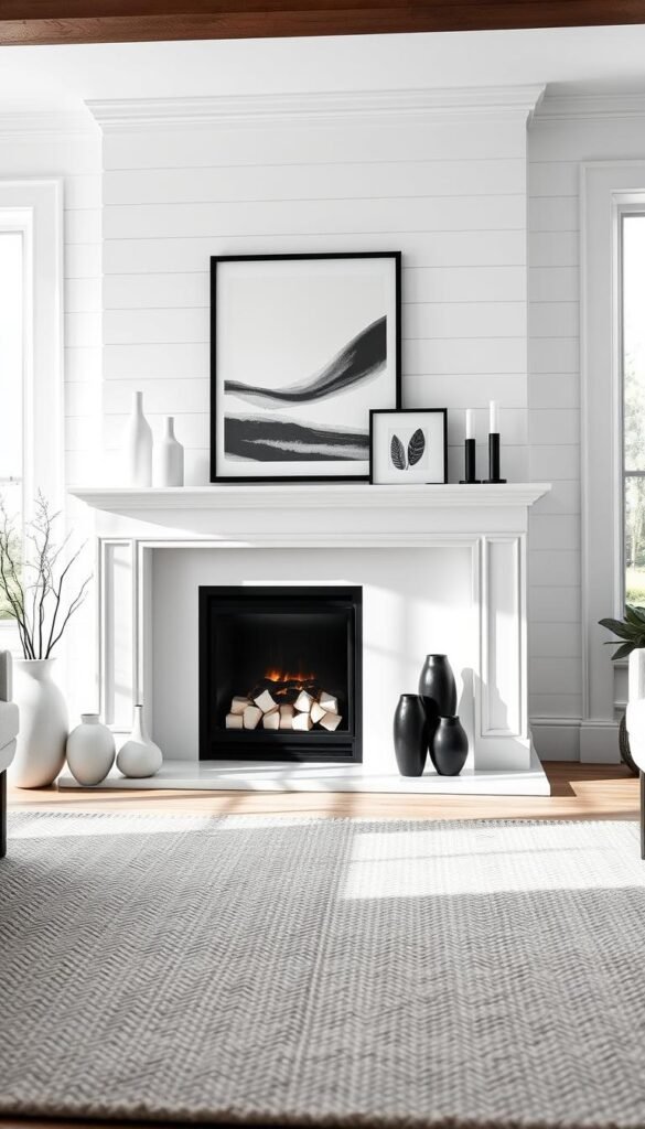 A beautifully styled black-and-white fireplace wall, featuring a sleek, modern fireplace with elegant geometric designs. In the foreground, a cozy, textured area rug in muted tones adds warmth, while stylish, minimalist decor items like monochromatic vases and candles enhance the look. The middle ground showcases the fireplace framed by classic white shiplap paneling, adorned with tasteful black-and-white artwork. In the background, soft, natural light floods in through a large window, creating a serene atmosphere. The composition is shot with a wide-angle lens at eye level, emphasizing the fireplace as the central focus of the room, evoking a timeless and neutral vibe ideal for modern home decor. The ambiance reflects serenity and sophistication, suitable for "CozyTrendHub."
