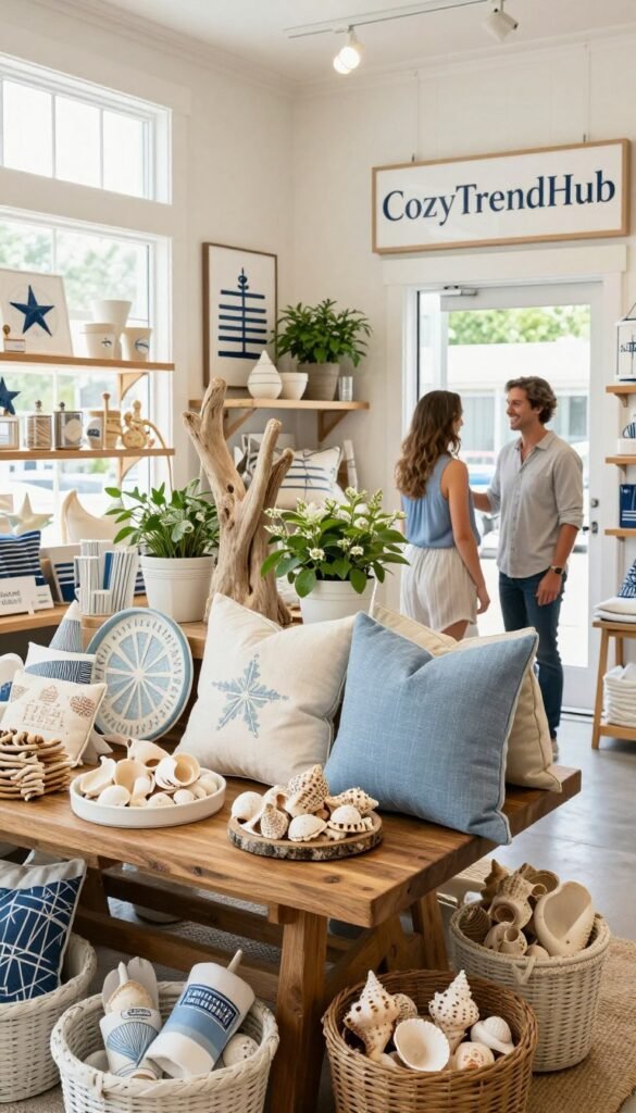 A beautifully styled coastal decor shopping scene set in a cozy, inviting store. In the foreground, a rustic wooden table displays an array of affordable coastal decor items such as seashells, decorative driftwood, and soft blue throw pillows. The middle section features aisles lined with similarly themed items, including nautical-inspired wall art and fresh potted plants. Bright, natural lighting streams in through large windows, creating a warm and welcoming atmosphere. In the background, a smiling employee in casual but professional attire assists a customer navigating through the decor options. The store carries the brand name "CozyTrendHub," prominently featured on a tasteful storefront sign. The mood is relaxed and cheerful, embodying a summer vibe perfect for home decorating.