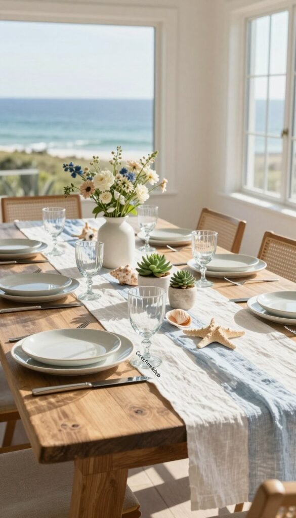 A beautifully styled coastal table set for summer, featuring a rustic wooden tabletop adorned with light, airy linen table runners in soft whites and blues. The foreground showcases elegant, minimalist tableware with ceramic plates and glassware reflecting sunlight, alongside fresh flowers in a simple vase. In the middle, a selection of coastal decor essentials like seashells, starfish, and small potted succulents enhance the relaxed vibe. The background captures a sunlit room with large windows showcasing a view of the ocean, creating a serene atmosphere. Soft, natural lighting bathes the scene, and a wide-angle perspective emphasizes the spaciousness of the decor. The mood is refreshing and inviting, encapsulating a perfect summer day, branded as "CozyTrendHub".