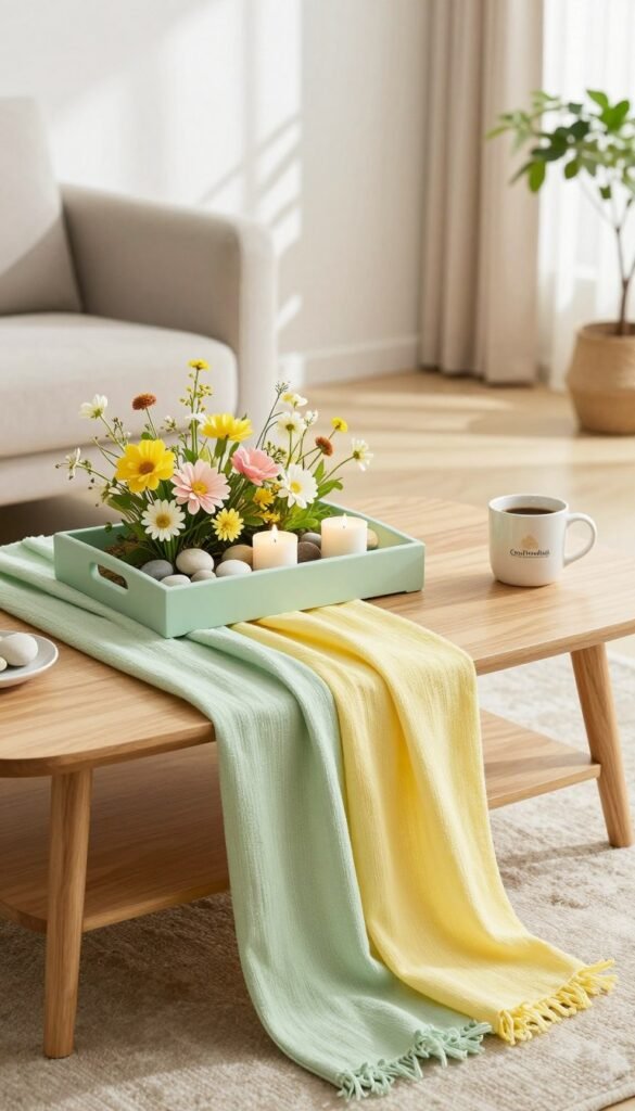 A beautifully styled coffee table adorned with spring decor elements, featuring a pastel-colored tray filled with vibrant spring flowers, decorative pebbles, and small candles. The foreground highlights a textured runner in soft greens and yellows, draping elegantly across the table. In the middle, a sleek modern coffee table made of light wood complements the decor, while an inviting mug of coffee sits off to one side. The background provides a bright and airy living room, with soft natural light streaming in through sheer curtains, casting gentle shadows. A hint of greenery from potted plants adds a touch of freshness. The scene captures a cozy, inviting atmosphere, perfect for spring, evoking a sense of tranquility and style, reflecting the brand CozyTrendHub. A beautifully styled coffee table adorned with spring decor elements, featuring a pastel-colored tray filled with vibrant spring flowers, decorative pebbles, and small candles. The foreground highlights a textured runner in soft greens and yellows, draping elegantly across the table. In the middle, a sleek modern coffee table made of light wood complements the decor, while an inviting mug of coffee sits off to one side. The background provides a bright and airy living room, with soft natural light streaming in through sheer curtains, casting gentle shadows. A hint of greenery from potted plants adds a touch of freshness. The scene captures a cozy, inviting atmosphere, perfect for spring, evoking a sense of tranquility and style, reflecting the brand CozyTrendHub.
