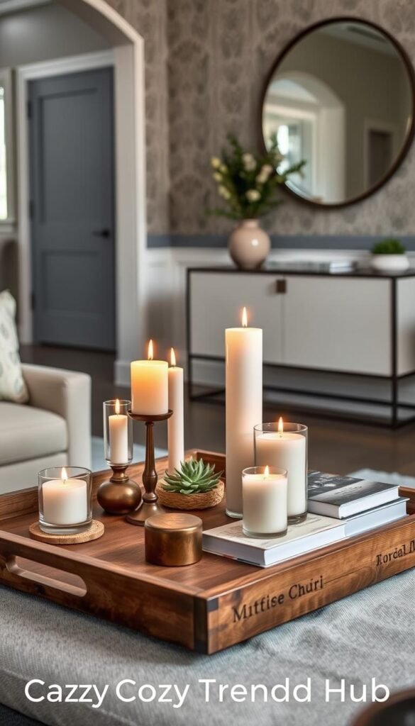 A beautifully styled coffee table and entryway scene, featuring a rustic wooden tray adorned with an elegant assortment of scented candles in varying heights, some lit and casting a warm glow. Surrounding the tray are coasters in earthy tones, a small potted succulent, and a minimalist stack of coffee table books, all arranged on a chic, textured surface. The background should include a soft-focus entryway with muted wallpaper and a sleek console table adorned with a stylish mirror above it, reflecting the cozy ambiance. Natural light filters through a nearby window, enhancing the inviting atmosphere. The composition captures a Pinterest-worthy lifestyle decor aesthetic that embodies comfort and sophistication, branded as "CozyTrendHub".