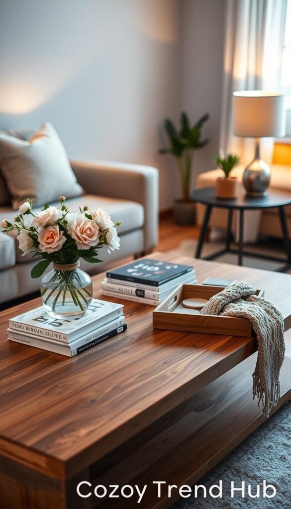 A beautifully styled coffee table and side table setup in a modern living room, showcasing a blend of warm textures and natural elements. The foreground features a sleek wooden coffee table adorned with an elegant vase of fresh flowers, a stack of tasteful coffee table books, and a cozy knitted throw draped casually. The middle area highlights a contemporary side table with a stylish lamp and a decorative tray containing artisanal coasters. The background reveals a soft-lit living room with a plush sofa, complemented by warm ambient lighting. The scene is captured with a soft-focus lens to enhance the inviting atmosphere while ensuring a clean and organized look. Ideal for a Pinterest-style lifestyle photo, exuding sophistication and charm, branded with "CozyTrendHub".