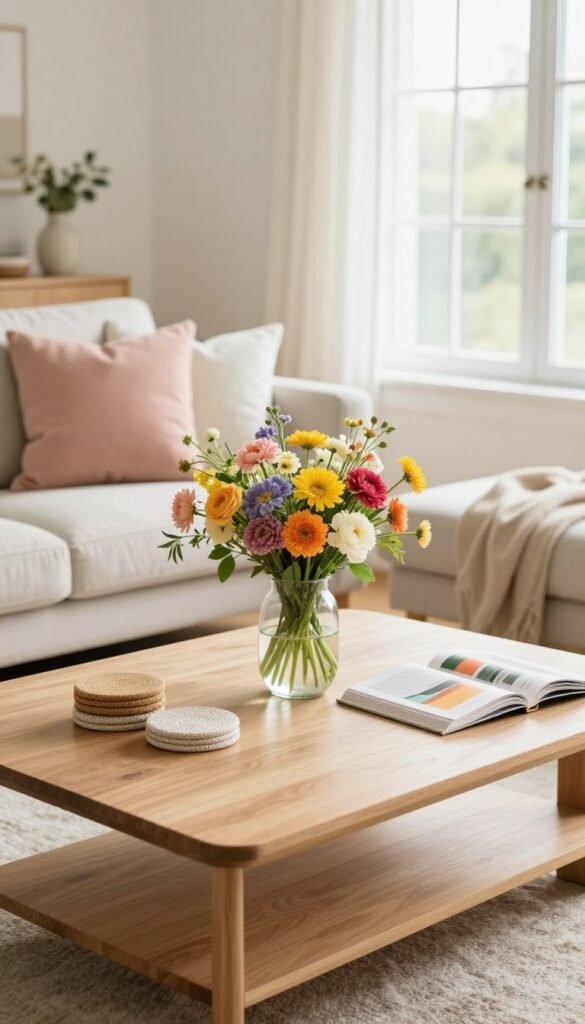 A beautifully styled coffee table at the center of a bright, airy living room, showcasing a fresh summer decor theme. The coffee table is made of light wood, adorned with a tasteful arrangement of colorful, seasonal flowers in a simple glass vase. Surrounding the table are soft, textured coasters and an open book with vibrant pages. In the background, a cozy, well-lit sofa features pastel throw pillows, and a large window allows natural sunlight to illuminate the space, creating a warm and inviting atmosphere. The scene is captured with a soft focus to enhance the relaxed mood, reminiscent of modern Pinterest-style lifestyle photos. Ideal for showcasing summer home decor inspiration by CozyTrendHub.