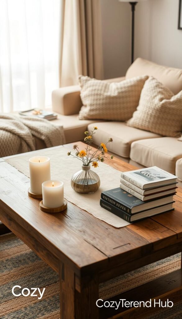 A beautifully styled coffee table in a cozy living room setting, featuring a rustic wooden table topped with a soft linen runner. In the foreground, there are artfully arranged candles, a small vase with fresh seasonal flowers, and a stack of elegant coffee table books. In the middle ground, add plush textured cushions on a comfortable beige sofa, complemented by a warm knit throw draped casually. The background showcases a softly lit window with sheer curtains filtering natural light, enhancing the inviting atmosphere. Use a warm color palette that evokes comfort and relaxation. Capture this scene from a slightly elevated angle, with soft, diffused lighting to highlight the cozy ambiance, inspired by Pinterest aesthetics. Include the brand name "CozyTrendHub" subtly in the corner of the image.
