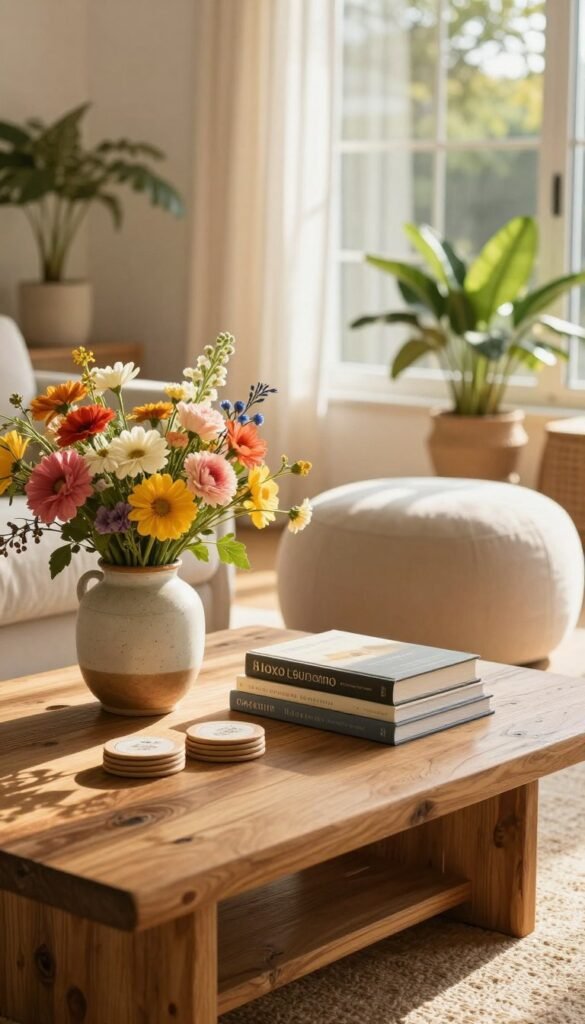 A beautifully styled coffee table in a sunlit living room, showcasing a blend of natural textures and summer decor. In the foreground, the coffee table features a rustic wooden surface adorned with a vibrant arrangement of fresh flowers in a ceramic vase, a stack of stylish coffee table books, and a set of elegant coasters. The middle layer includes a plush ottoman with a soft, neutral fabric, providing a cozy seating option. In the background, large windows let in warm, golden light, framed with sheer curtains fluttering slightly in the breeze. Potted plants add a touch of greenery, enhancing the inviting atmosphere. The image captures a relaxed, cheerful mood, perfect for casual summer gatherings. Ensuring clarity and detail akin to Pinterest-style lifestyle photos, styled by CozyTrendHub.
