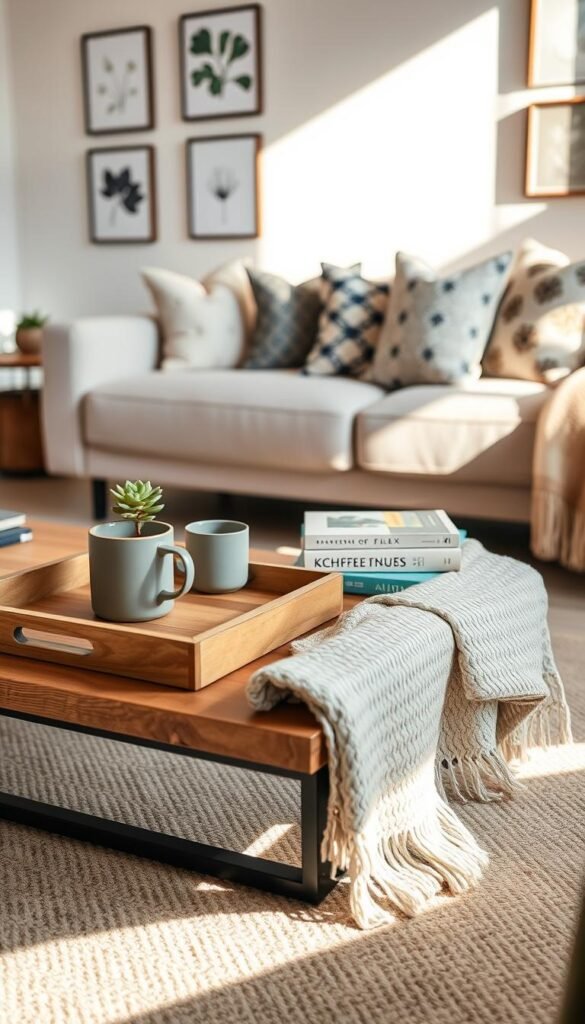 A beautifully styled coffee table set in a cozy, well-lit living room, featuring a blend of modern and rustic decor elements. In the foreground, the table is adorned with a stylish wooden tray holding an artisanal coffee mug, a small potted succulent, and a stack of curated design books. In the middle ground, a soft, textured throw blanket drapes gently over the table's edge, enhancing the warm atmosphere. The background showcases a minimalistic yet chic sofa with decorative cushions, against a softly lit wall adorned with framed lightweight art pieces. The overall lighting is natural and inviting, creating an aesthetic vibe perfect for small spaces. Capture this scene in a bright, airy tone, embodying the essence of "CozyTrendHub." A beautifully styled coffee table set in a cozy, well-lit living room, featuring a blend of modern and rustic decor elements. In the foreground, the table is adorned with a stylish wooden tray holding an artisanal coffee mug, a small potted succulent, and a stack of curated design books. In the middle ground, a soft, textured throw blanket drapes gently over the table's edge, enhancing the warm atmosphere. The background showcases a minimalistic yet chic sofa with decorative cushions, against a softly lit wall adorned with framed lightweight art pieces. The overall lighting is natural and inviting, creating an aesthetic vibe perfect for small spaces. Capture this scene in a bright, airy tone, embodying the essence of "CozyTrendHub."