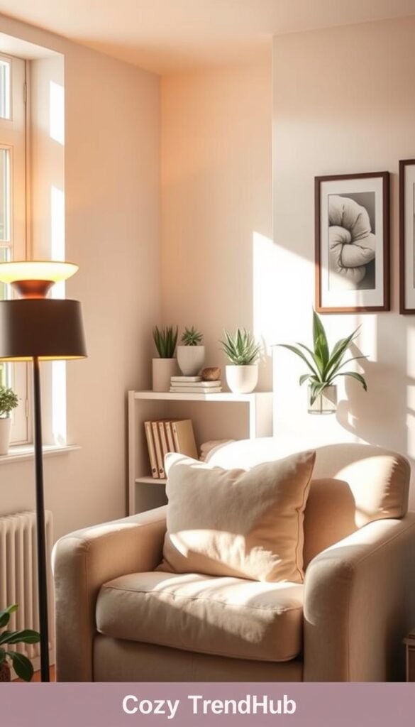 A beautifully styled corner in a small living space, showcasing a cozy alcove filled with carefully chosen decor pieces. In the foreground, a plush armchair with soft throw pillows sits beside a stylish floor lamp, casting warm, inviting light. The middle layer features a small bookshelf with neatly arranged plants and decorative accents, accentuating the use of vertical space. The background reveals a softly painted wall, adorned with framed artwork that adds personality without overwhelming the scene. The mood is tranquil and harmonious, emphasizing comfort and style. Natural light filters in through a window, enhancing the inviting atmosphere. The image exudes stylish simplicity, perfect for a Pinterest-inspired lifestyle home decor theme, branded with the name "CozyTrendHub." A beautifully styled corner in a small living space, showcasing a cozy alcove filled with carefully chosen decor pieces. In the foreground, a plush armchair with soft throw pillows sits beside a stylish floor lamp, casting warm, inviting light. The middle layer features a small bookshelf with neatly arranged plants and decorative accents, accentuating the use of vertical space. The background reveals a softly painted wall, adorned with framed artwork that adds personality without overwhelming the scene. The mood is tranquil and harmonious, emphasizing comfort and style. Natural light filters in through a window, enhancing the inviting atmosphere. The image exudes stylish simplicity, perfect for a Pinterest-inspired lifestyle home decor theme, branded with the name "CozyTrendHub."