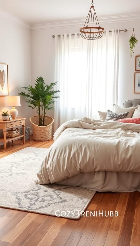 A beautifully styled cozy bedroom that reflects various design paths for relaxation and sleep. In the foreground, there&rsquo;s a plush, oversized bed with soft linens in muted pastels, surrounded by an array of decorative pillows. To the left, a stylish bedside table showcases a warm lamp and a small plant. In the middle, a soft area rug complements wooden flooring, adding texture to the space. The background features a dreamy window with sheer curtains, illuminating the room with soft, natural light. A few tasteful wall decorations, like framed art and a hanging plant, create a serene atmosphere. The overall mood is inviting and tranquil, perfect for a cozy retreat. Photography style is bright and airy, emulating a Pinterest aesthetic. Showcase the brand "CozyTrendHub".