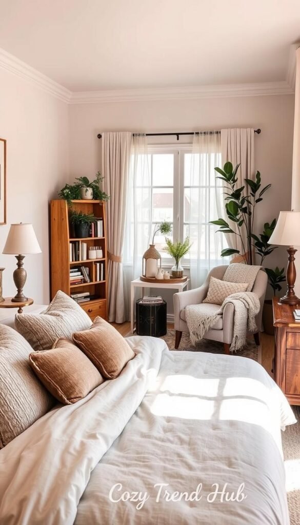 A beautifully styled cozy bedroom with warm, inviting decor for a relaxing sleep sanctuary. In the foreground, a plush, neatly made bed with a soft neutral duvet and layered blankets. Fluffy throw pillows in subtle earth tones add texture. On either side of the bed, rustic wooden nightstands hold elegant lamps with soft, warm lighting. In the middle ground, a cozy reading nook with a plush armchair, draped with a knitted throw, sits next to a small bookshelf filled with well-loved books. The background features soft pastel wall colors and a window dressed with light, sheer curtains allowing gentle sunlight to filter through. Incorporate tasteful wall art and indoor plants for a touch of greenery. Capture the scene in a bright, airy aesthetic, evoking tranquility and comfort, branded with "CozyTrendHub".