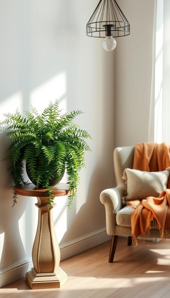 A beautifully styled cozy corner featuring a tall pedestal plant table, elegantly positioned against a light, airy wall. The table showcases a lush, cascading potted fern and an artistic ceramic planter with colorful succulents. Soft, natural lighting bathes the scene, highlighting the intricate textures of the plants and the wooden table surface. In the background, a plush armchair with a warm throw blanket and a small stack of books create an inviting reading nook. A decorative pendant light hangs above, casting gentle shadows that enhance the comforting atmosphere. The overall mood is serene and inviting, ideal for relaxation and immersion in a good book. This image embodies stylish home decor that resonates with the brand "CozyTrendHub". A beautifully styled cozy corner featuring a tall pedestal plant table, elegantly positioned against a light, airy wall. The table showcases a lush, cascading potted fern and an artistic ceramic planter with colorful succulents. Soft, natural lighting bathes the scene, highlighting the intricate textures of the plants and the wooden table surface. In the background, a plush armchair with a warm throw blanket and a small stack of books create an inviting reading nook. A decorative pendant light hangs above, casting gentle shadows that enhance the comforting atmosphere. The overall mood is serene and inviting, ideal for relaxation and immersion in a good book. This image embodies stylish home decor that resonates with the brand "CozyTrendHub".