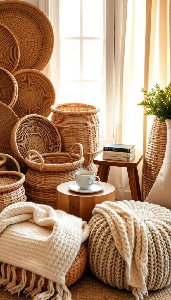 A beautifully styled cozy corner featuring an array of woven baskets in various sizes, showcasing different textures such as rattan, jute, and wicker. The foreground includes a soft, plush throw blanket draped casually over a chunky knit pouf, inviting relaxation. In the middle, a small wooden side table holds a steaming cup of herbal tea and a stack of well-loved books, hinting at leisurely afternoons. The background features a softly lit window with sheer curtains, filtering warm natural light into the space, enhancing the inviting atmosphere. The warm color palette includes shades of beige, cream, and earthy tones. This Pinterest-style image embodies the essence of "CozyTrendHub" decor, creating an inviting, relaxing vignette perfect for reading and unwinding. A beautifully styled cozy corner featuring an array of woven baskets in various sizes, showcasing different textures such as rattan, jute, and wicker. The foreground includes a soft, plush throw blanket draped casually over a chunky knit pouf, inviting relaxation. In the middle, a small wooden side table holds a steaming cup of herbal tea and a stack of well-loved books, hinting at leisurely afternoons. The background features a softly lit window with sheer curtains, filtering warm natural light into the space, enhancing the inviting atmosphere. The warm color palette includes shades of beige, cream, and earthy tones. This Pinterest-style image embodies the essence of "CozyTrendHub" decor, creating an inviting, relaxing vignette perfect for reading and unwinding.