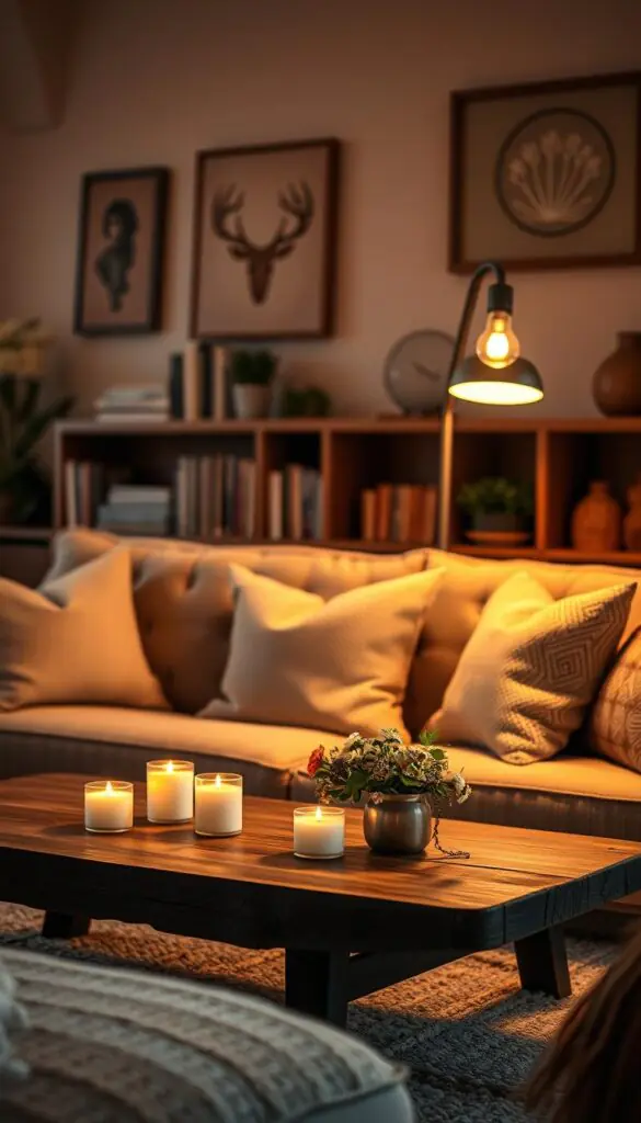 A beautifully styled cozy living room bathed in the warm glow of 2700K light bulbs. In the foreground, a soft, plush sofa adorned with textured throw pillows invites relaxation. On a rustic wooden coffee table, a few flickering candles radiate warmth, complemented by a vase of fresh flowers. In the middle, a sleek, modern floor lamp with a warm-toned bulb casts a soft halo of light, enhancing the intimate atmosphere. The background features tastefully arranged bookshelves and decorative wall art in soothing earthy tones. The overall lighting is soft and inviting, creating a serene ambiance ideal for comfort and tranquility. Shot with a warm color palette, this realistic lifestyle image should reflect the essence of CozyTrendHub, evoking feelings of homeliness and calm.
