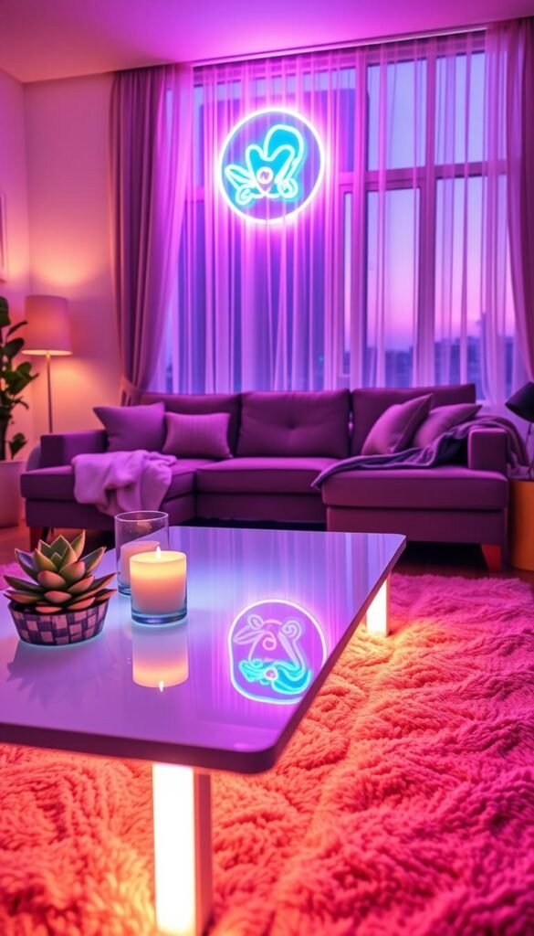 A beautifully styled cozy living room featuring vibrant LED light strips and neon accents. In the foreground, a sleek, modern coffee table adorned with candles and a succulent plant sits atop a soft, textured rug. The middle layer showcases a sectional sofa softly illuminated by warm LED strips, creating a welcoming atmosphere. Wall-mounted neon art gives a pop of color, casting gentle reflections in adjacent surfaces. The background reveals large windows with sheer curtains allowing soft twilight to filter through, enhancing the ambiance. The overall composition evokes a relaxed, inviting mood, perfect for unwinding or entertaining. Shot with a 35mm lens at a warm white balance, ensuring the colors are vibrant yet soothing, embodying the essence of aesthetic home decor as suggested by CozyTrendHub.