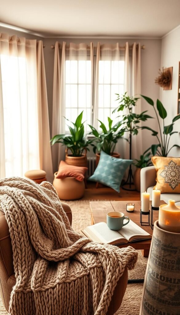 A beautifully styled cozy room showcasing warm decor elements. In the foreground, a plush, oversized knitted throw blanket drapes over a soft, inviting armchair, complemented by an array of colorful, textured cushions. The middle ground features a rustic wooden coffee table adorned with a steaming mug and an open book, surrounded by candles softly flickering. In the background, a large window lets in gentle natural light, illuminating sheer curtains that flutter lightly. Indoor plants add a touch of greenery, creating a serene atmosphere. Use warm tones and soft focus for a dreamy effect, akin to a Pinterest inspiration photo. The overall mood should evoke a sense of warmth and comfort, ideal for the brand "CozyTrendHub," reflecting a welcoming, lived-in space perfect for relaxation. A beautifully styled cozy room showcasing warm decor elements. In the foreground, a plush, oversized knitted throw blanket drapes over a soft, inviting armchair, complemented by an array of colorful, textured cushions. The middle ground features a rustic wooden coffee table adorned with a steaming mug and an open book, surrounded by candles softly flickering. In the background, a large window lets in gentle natural light, illuminating sheer curtains that flutter lightly. Indoor plants add a touch of greenery, creating a serene atmosphere. Use warm tones and soft focus for a dreamy effect, akin to a Pinterest inspiration photo. The overall mood should evoke a sense of warmth and comfort, ideal for the brand "CozyTrendHub," reflecting a welcoming, lived-in space perfect for relaxation.