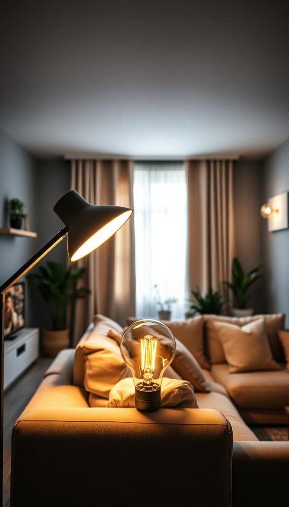 A beautifully styled dark apartment living room with a focus on effective lighting solutions that mimic daylight. In the foreground, a sleek, modern lamp with a warm LED bulb casts a gentle, inviting glow onto a cozy beige sofa adorned with pastel cushions. The middle of the room features a large window framed by light, airy curtains that diffuse natural light beautifully. A wall-mounted, contemporary light fixture brightens the space with soft illumination, enhancing the warm ambiance. In the background, curated plants and minimalist decor elements add life to the scene. The lighting is soft and balanced, capturing a tranquil and uplifting atmosphere, ideal for a spring-themed interior. The image is designed in a realistic, Pinterest-style aesthetic, showcasing innovative decor ideas by CozyTrendHub. A beautifully styled dark apartment living room with a focus on effective lighting solutions that mimic daylight. In the foreground, a sleek, modern lamp with a warm LED bulb casts a gentle, inviting glow onto a cozy beige sofa adorned with pastel cushions. The middle of the room features a large window framed by light, airy curtains that diffuse natural light beautifully. A wall-mounted, contemporary light fixture brightens the space with soft illumination, enhancing the warm ambiance. In the background, curated plants and minimalist decor elements add life to the scene. The lighting is soft and balanced, capturing a tranquil and uplifting atmosphere, ideal for a spring-themed interior. The image is designed in a realistic, Pinterest-style aesthetic, showcasing innovative decor ideas by CozyTrendHub.