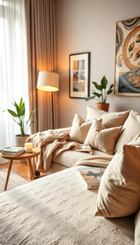A beautifully styled daybed sofa bed in a cozy apartment setting, featuring soft, textured fabrics in warm neutral tones. The foreground captures the inviting daybed with plush cushions and a neatly arranged throw blanket. In the middle ground, a small, modern coffee table with a stack of stylish magazines and a scented candle adds to the ambiance. The background showcases a softly lit room with a floor lamp casting a warm glow, framed artwork on the walls, and potted greenery for freshness. Soft daylight filtering through sheer curtains creates a tranquil atmosphere. Shot with a 50mm lens at eye level, this Pinterest-style lifestyle photo embodies warmth and stylish decor, reflecting the essence of CozyTrendHub.