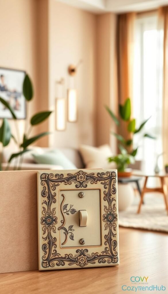 A beautifully styled decorative switch plate set against a softly lit, modern home interior. In the foreground, the switch plate features intricate designs in muted earth tones, adorned with floral patterns and a touch of metallic accents. The middle layer showcases a smooth wall in a warm beige color, blending harmoniously with the switch plate. In the background, a cozy living room setting includes a stylish sofa, indoor plants, and natural light streaming through sheer curtains, creating an inviting atmosphere. Use a shallow depth of field to emphasize the switch plate while softly blurring the surroundings. Capture the mood of effortless elegance and comfort, inspired by the brand CozyTrendHub, evoking a sense of home and style.