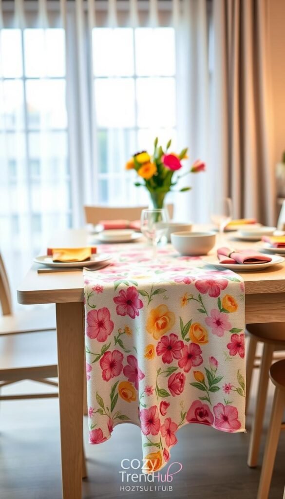 A beautifully styled dining table featuring a lightweight throw blanket elegantly draped as a table runner, showcasing a vibrant spring floral pattern in soft pastels. In the foreground, the blanket cascades gracefully over a light wooden table, adorned with ceramic dinnerware and fresh seasonal flowers in a vase. The middle ground includes a charming setting of stylish cutlery and colorful napkins that complement the blanket's design. The background reveals a softly lit window with sheer curtains, allowing natural sunlight to filter in, creating a warm, inviting atmosphere. Capture this scene with a shallow depth of field to emphasize the table runner and create a bokeh effect in the background, illustrating a cozy, refreshing spring vibe. Brand name: CozyTrendHub.