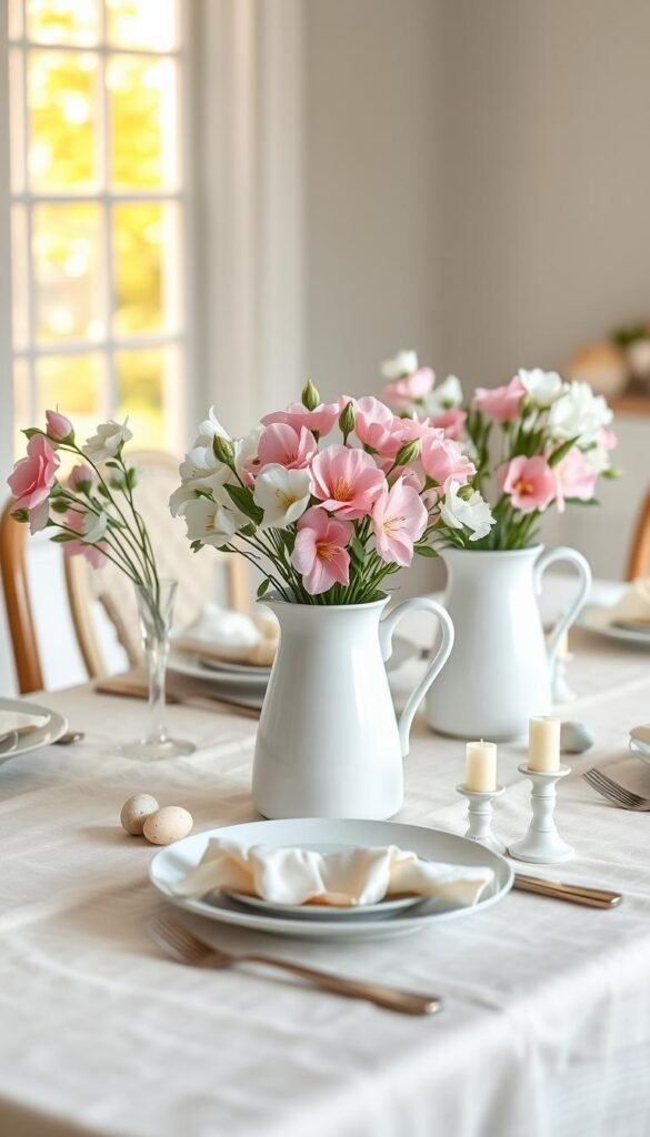 A beautifully styled dining table set for Easter, showcasing white ceramic pitchers filled with faux pastel-colored florals, elegantly arranged in the center. The foreground features soft, textured table linens in light pastel shades, complementing the decor. In the middle ground, delightful, whimsical Easter accents like small decorative eggs and candle holders are placed thoughtfully beside the pitchers. The background reveals a softly blurred window with natural, warm sunlight streaming in, creating a bright and airy atmosphere. This lifestyle scene, inspired by Pinterest aesthetics, evokes a cozy and inviting mood, perfect for festive gatherings. Capture the essence of spring and elegance for "CozyTrendHub."