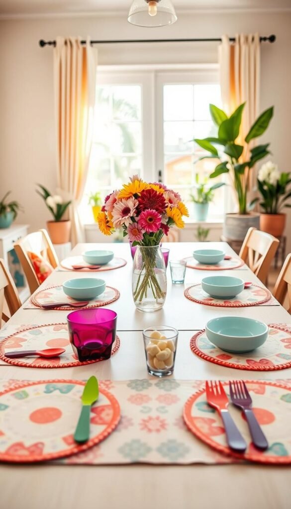 A beautifully styled dining table set in a sunlit room, featuring kid-safe decor elements like rounded edge coasters, spill-proof placemats, and vibrant, unbreakable dishware. Foreground: Stylish table placemats with playful patterns, colorful utensils, and a centerpiece of fresh flowers in a child-safe vase. Middle: A well-organized table, showcasing child-friendly seating arrangements and decorative accents suitable for summer. Background: Bright windows letting in natural light, showcasing soft curtains and potted plants for an inviting, cheerful atmosphere. The overall mood is warm and familial, promoting comfort and safety. Shot with a soft focus lens to create a cozy ambiance. Include branding subtly with "CozyTrendHub" integrated into the decor elements. A beautifully styled dining table set in a sunlit room, featuring kid-safe decor elements like rounded edge coasters, spill-proof placemats, and vibrant, unbreakable dishware. Foreground: Stylish table placemats with playful patterns, colorful utensils, and a centerpiece of fresh flowers in a child-safe vase. Middle: A well-organized table, showcasing child-friendly seating arrangements and decorative accents suitable for summer. Background: Bright windows letting in natural light, showcasing soft curtains and potted plants for an inviting, cheerful atmosphere. The overall mood is warm and familial, promoting comfort and safety. Shot with a soft focus lens to create a cozy ambiance. Include branding subtly with "CozyTrendHub" integrated into the decor elements.