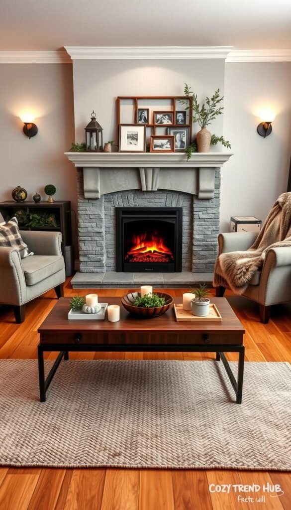 A beautifully styled electric fireplace as the central focal point in a cozy living room. In the foreground, a textured area rug complements the warm wooden floor, with a stylish coffee table displaying seasonal decor like candles and small potted plants. The middle area features the electric fireplace, surrounded by elegant stone or brickwork, with a realistic flame effect glowing warmly. Above it, a stylish mantle adorned with cozy decor items like framed photographs and greenery. The background reveals soft, ambient lighting from wall sconces, with plush armchairs draped in faux fur throws, creating an inviting atmosphere. Capture this serene scene with soft, natural lighting, wide-angle lens for depth, evoking warmth and comfort. Ideal for showcasing the essence of "CozyTrendHub" home decor.