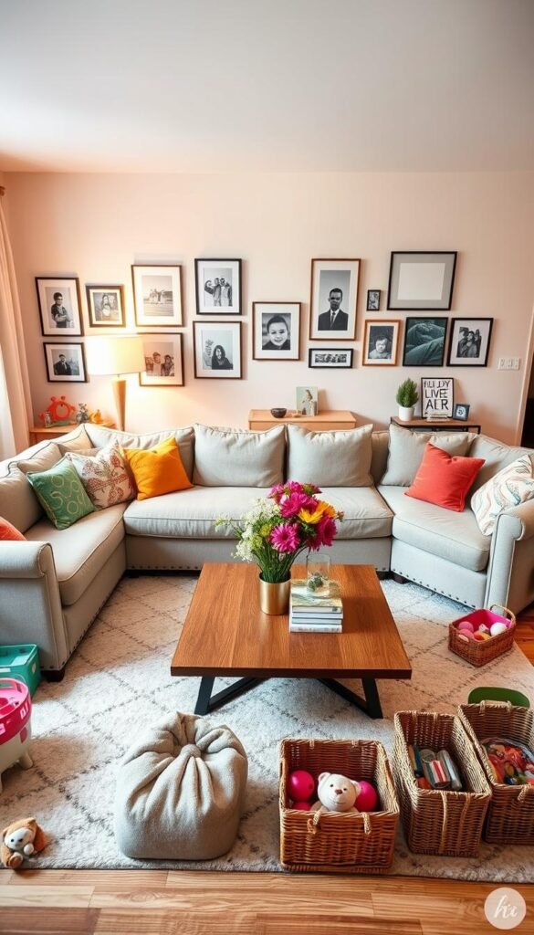 A beautifully styled family living room that showcases "busy-family-proof" decor, designed for both comfort and durability. In the foreground, a large, plush sectional sofa with a neutral fabric, adorned with colorful, kid-friendly throw pillows. In the middle, a sleek wooden coffee table with a decorative centerpiece of fresh flowers and a stack of family-friendly books. The background features soft, warm lighting from a stylish floor lamp, illuminating walls painted in calming pastel colors. A gallery of framed family photos hangs on one wall, while a playful, rug-covered area includes various toys neatly stored in stylish baskets. The overall mood is inviting and organized, emphasizing a harmonious blend of functionality and aesthetic appeal, perfect for a busy family home. Captured with a slight overhead angle, mimicking a Pinterest-style lifestyle photo by CozyTrendHub.