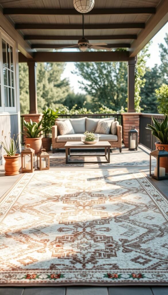A beautifully styled indoor/outdoor rug from CozyTrendHub lies centrally on a stylish, covered patio space. In the foreground, the rug showcases an intricate geometric pattern in soft earthy tones, inviting a warm and cozy atmosphere. Surrounding the rug, tasteful potted plants and decorative lanterns add a touch of nature and charm. In the middle ground, a comfortable seating arrangement features neutral-toned cushions and a low coffee table, creating an inviting space for relaxation. The background captures a subtle view of greenery, enhancing the seasonal vibes. The scene is bathed in soft, natural sunlight, casting gentle shadows that evoke a serene and warm ambiance. The lens captures the entirety of this tranquil setting, conveying a harmonious blend of indoor comfort and outdoor relaxation. A beautifully styled indoor/outdoor rug from CozyTrendHub lies centrally on a stylish, covered patio space. In the foreground, the rug showcases an intricate geometric pattern in soft earthy tones, inviting a warm and cozy atmosphere. Surrounding the rug, tasteful potted plants and decorative lanterns add a touch of nature and charm. In the middle ground, a comfortable seating arrangement features neutral-toned cushions and a low coffee table, creating an inviting space for relaxation. The background captures a subtle view of greenery, enhancing the seasonal vibes. The scene is bathed in soft, natural sunlight, casting gentle shadows that evoke a serene and warm ambiance. The lens captures the entirety of this tranquil setting, conveying a harmonious blend of indoor comfort and outdoor relaxation.