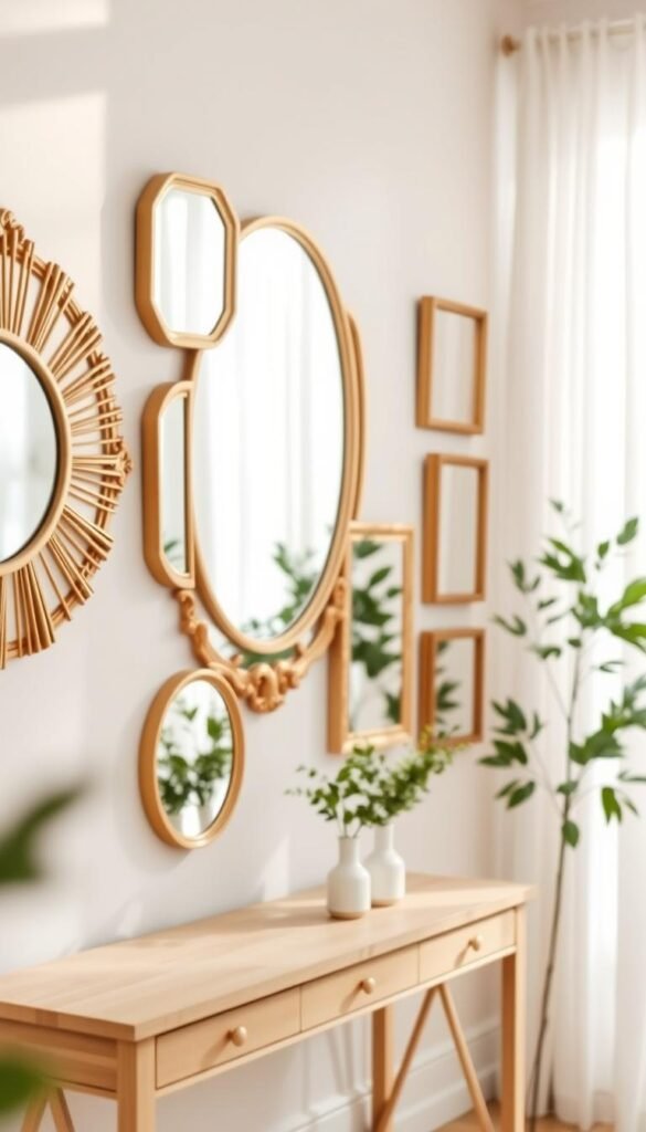 A beautifully styled interior featuring an elegant array of mirrors framed in ornate gilt frames, reflecting soft natural light. In the foreground, a circular sunburst mirror is complemented by smaller rectangular mirrors arranged artfully on a neutral-colored wall. The middle section showcases a cozy, minimalist decor aesthetic with a light-toned wooden console table adorned with greenery in simple vases. The background hints at a bright, airy room with sheer curtains allowing sunlight to filter through, enhancing the warmth of the space. The overall mood is inviting and serene, perfect for a home that embraces timeless style. Captured with a shallow depth of field to focus on the mirrors, creating a Pinterest-inspired look for home decor enthusiasts. CozyTrendHub.