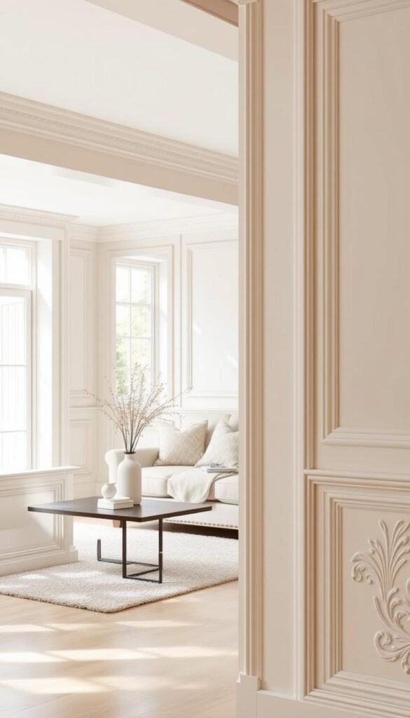 A beautifully styled interior featuring peel-and-stick wall molding with a wainscoting effect, showcasing a neutral color palette. In the foreground, focus on intricately detailed wall panels in soft beige and cream tones, highlighting the texture and pattern of the molding. The middle ground includes a cozy living space with a plush sofa adorned with neutral cushions and a minimalist coffee table, adorned with a delicate plant. The background reveals soft, natural light streaming through large windows, creating a warm and inviting atmosphere. Use a slightly elevated angle to capture the elegance of the molding and the room's overall aesthetic. This realistic, Pinterest-style lifestyle photo reflects serene home decor suitable for &ldquo;CozyTrendHub.&rdquo;