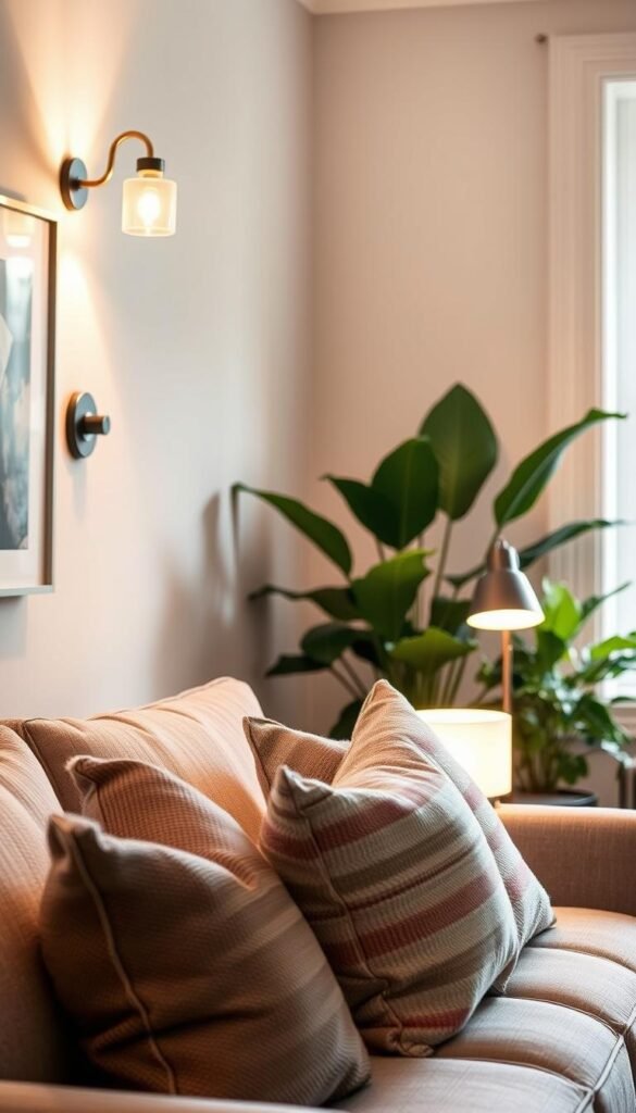 A beautifully styled interior featuring statement lighting elements like elegant plug-in sconces and artistic picture lights. In the foreground, a contemporary living room scene showcases a plush sofa adorned with textured throw pillows, with one striking sconce illuminating a piece of artwork on the wall. The middle ground displays a chic side table with a stylish lamp, casting a warm and inviting glow. Soft, ambient lighting enhances the cozy atmosphere, while lush indoor plants peek out from the background, bringing a touch of nature indoors. The scene reflects a modern aesthetic with neutral tones and pops of color, evoking a sense of comfort and sophistication. The image captures the essence of effortless home decor, inspired by CozyTrendHub, using a warm color palette and soft focus to create an inviting mood. A beautifully styled interior featuring statement lighting elements like elegant plug-in sconces and artistic picture lights. In the foreground, a contemporary living room scene showcases a plush sofa adorned with textured throw pillows, with one striking sconce illuminating a piece of artwork on the wall. The middle ground displays a chic side table with a stylish lamp, casting a warm and inviting glow. Soft, ambient lighting enhances the cozy atmosphere, while lush indoor plants peek out from the background, bringing a touch of nature indoors. The scene reflects a modern aesthetic with neutral tones and pops of color, evoking a sense of comfort and sophistication. The image captures the essence of effortless home decor, inspired by CozyTrendHub, using a warm color palette and soft focus to create an inviting mood.