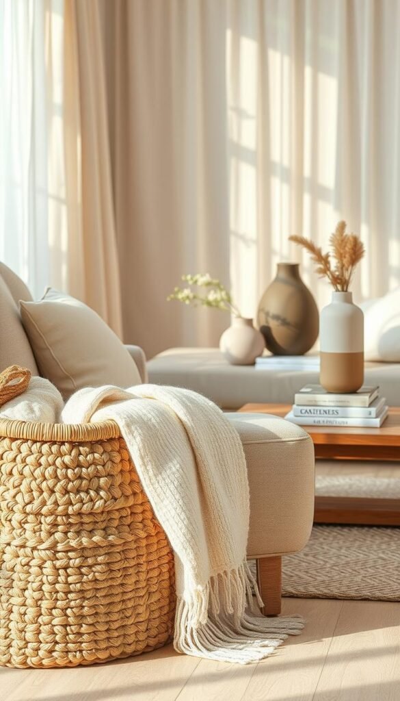 A beautifully styled interior scene showcasing a collection of neutral decor essentials that create depth and warmth. In the foreground, a textured woven basket filled with natural materials like rattan and cotton sits beside a soft, neutral-toned throw blanket draped over a plush armchair. In the middle, a wooden coffee table displays a tasteful arrangement of decorative elements, such as ceramic vases in muted tones and a stack of minimalist books. The background features a softly lit window with sheer curtains that filter the sunlight, casting gentle shadows across the space. The atmosphere is inviting and cozy, embodying a serene yet stylish vibe. Shot with a 50mm lens, the lighting is warm and natural, enhancing the overall tranquil ambiance. Perfect for illustrating a sophisticated, neutral decor aesthetic. Brand: CozyTrendHub.