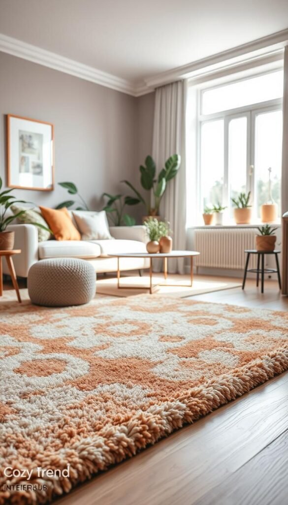 A beautifully styled interior showcasing a plush area rug that anchors the room, enhancing the aesthetic decor for a small space. In the foreground, a soft, patterned rug with warm tones like muted beige and soft terracotta is layered on a light wooden floor. The middle ground features a cozy seating area with a small, modern sofa adorned with decorative throw pillows and a minimalistic coffee table. In the background, a bright window allows natural light to flood in, highlighting indoor plants and carefully curated decor pieces. The atmosphere is inviting and serene, reflecting a perfect balance of comfort and style. Ideal lighting creates soft shadows, enhancing the texture of the rug and furnishings. Captured in a bright, airy style reminiscent of Pinterest interiors, branded with "CozyTrendHub". A beautifully styled interior showcasing a plush area rug that anchors the room, enhancing the aesthetic decor for a small space. In the foreground, a soft, patterned rug with warm tones like muted beige and soft terracotta is layered on a light wooden floor. The middle ground features a cozy seating area with a small, modern sofa adorned with decorative throw pillows and a minimalistic coffee table. In the background, a bright window allows natural light to flood in, highlighting indoor plants and carefully curated decor pieces. The atmosphere is inviting and serene, reflecting a perfect balance of comfort and style. Ideal lighting creates soft shadows, enhancing the texture of the rug and furnishings. Captured in a bright, airy style reminiscent of Pinterest interiors, branded with "CozyTrendHub".