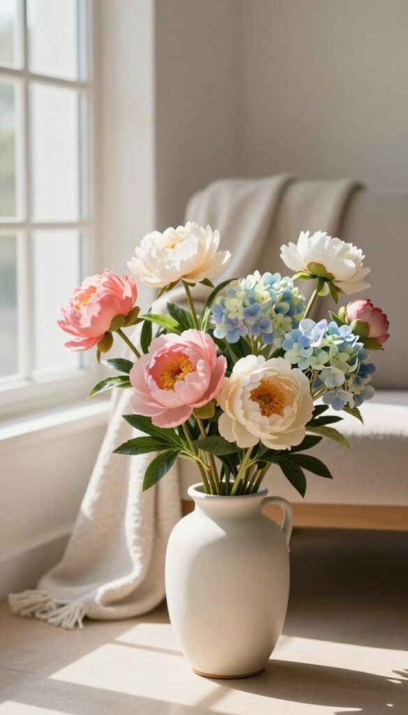 A beautifully styled interior showcasing high-quality faux flowers in an elegant ceramic vase. In the foreground, vivid faux peonies and delicate hydrangeas create a lush bouquet, presenting realistic textures and colors that mimic fresh blooms. The middle ground includes a cozy, soft throw blanket draped over a modern armchair, enhancing the inviting atmosphere. In the background, a sunlit window filters warm natural light, casting gentle shadows that accentuate the flowers&rsquo; details. The setting is minimalistic yet chic, with neutral tones to enhance the floral arrangement, evoking a tranquil spring mood. This image embodies the essence of refined home decor. Perfectly curated for CozyTrendHub, this Pinterest-style lifestyle photo captures the effortless beauty of faux flowers that elevate any space without appearing artificial.
