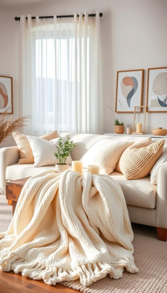 A beautifully styled interior showcasing soft home decor accents for warmth and texture. In the foreground, a plush, oversized cream-colored throw blanket drapes gracefully over a light gray, inviting sofa adorned with various textured pillows in soft pastels. The middle ground features a rustic wooden coffee table with a small potted plant and a couple of neutral-toned candles, adding a cozy touch. In the background, a soft, ambient light filters through sheer white curtains, creating a warm and inviting atmosphere. The room is decorated with framed art featuring abstract designs and a few tasteful decorative items that evoke a sense of peace and comfort. This realistic Pinterest-style lifestyle photo embodies the essence of comfort and texture, perfect for illustrating the concept of soft home decor accents. CozyTrendHub.