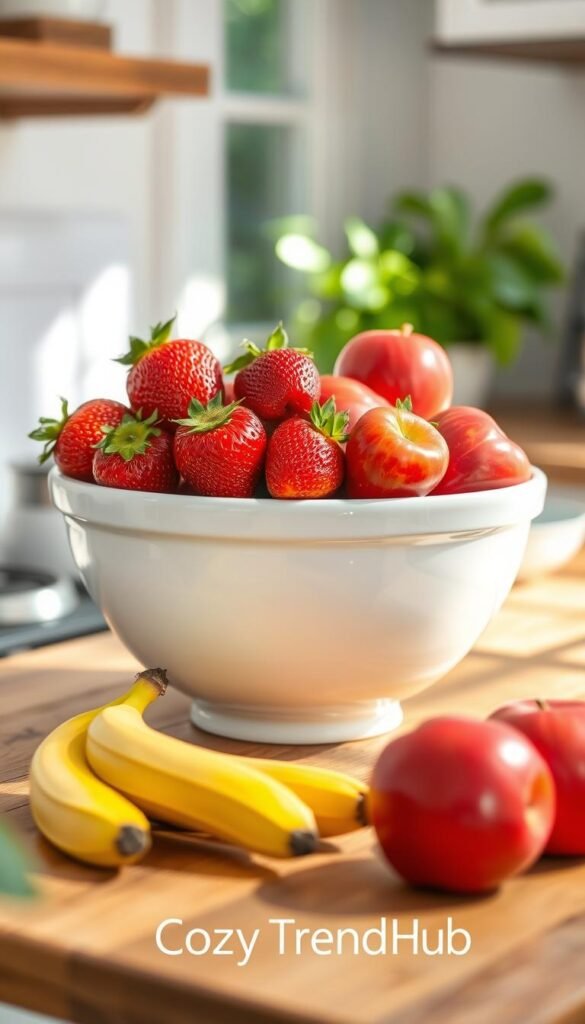 A beautifully styled kitchen bowl overflowing with vibrant, fresh summer fruits such as plump strawberries, glossy red apples, and ripe bananas. The bowl is placed on a rustic wooden kitchen countertop, creating a warm and inviting atmosphere. Soft, natural sunlight streams through a nearby window, casting gentle shadows and highlighting the textures of the fruits. In the background, blurred greenery hints at an outdoor garden scene, enhancing the summer vibe. The overall composition exudes a cozy and cheerful mood, perfect for a bright kitchen or dining area. The image mirrors a Pinterest-style lifestyle aesthetic, showcasing the charm of functional decor with the brand name CozyTrendHub subtly integrated into the setting. A beautifully styled kitchen bowl overflowing with vibrant, fresh summer fruits such as plump strawberries, glossy red apples, and ripe bananas. The bowl is placed on a rustic wooden kitchen countertop, creating a warm and inviting atmosphere. Soft, natural sunlight streams through a nearby window, casting gentle shadows and highlighting the textures of the fruits. In the background, blurred greenery hints at an outdoor garden scene, enhancing the summer vibe. The overall composition exudes a cozy and cheerful mood, perfect for a bright kitchen or dining area. The image mirrors a Pinterest-style lifestyle aesthetic, showcasing the charm of functional decor with the brand name CozyTrendHub subtly integrated into the setting.