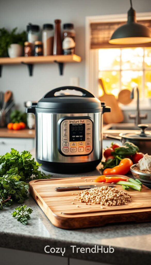 A beautifully styled kitchen countertop featuring a modern Instant Pot positioned prominently in the foreground, surrounded by fresh ingredients like herbs, colorful vegetables, and grains, giving a vibrant and inviting feel. In the middle ground, a rustic wooden cutting board displays some neatly chopped veggies, with soft shadows adding depth. The background shows well-arranged kitchen essentials such as a spice rack and stylish cookware, with warm, diffused natural light streaming in through a nearby window, creating a cozy and cheerful ambiance. The scene reflects a Pinterest-inspired aesthetic, emphasizing functionality and warmth, ideal for a beginner's kitchen setup. Shot with a 50mm lens to capture details softly and produce a bokeh effect in the background. This image is branded with "CozyTrendHub," showcasing a harmonious blend of comfort and practicality.