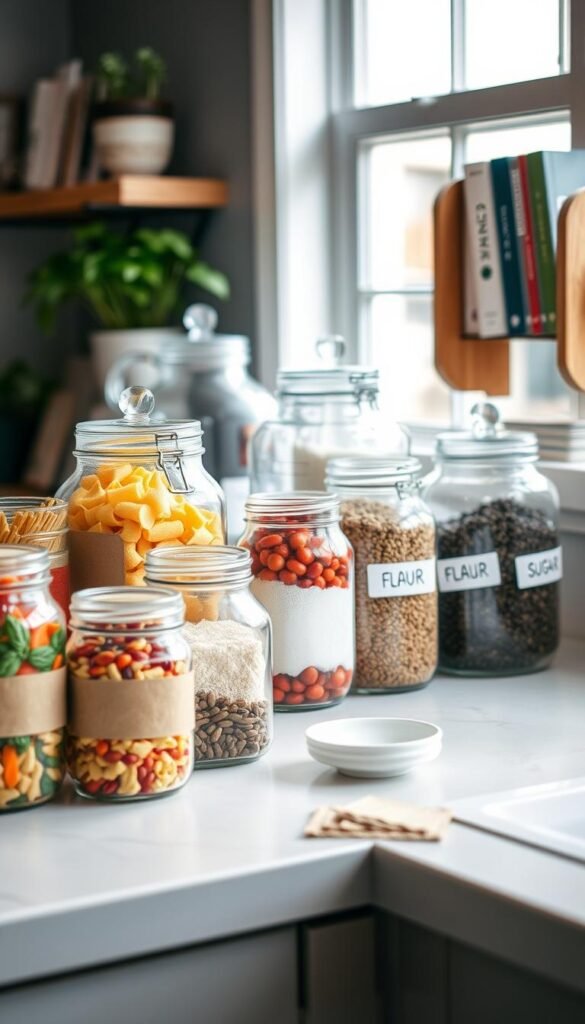 A beautifully styled kitchen countertop showcases a collection of mason jars and large glass jars, meticulously arranged to highlight their function and aesthetic appeal. In the foreground, various mason jars filled with colorful dry goods like pasta, beans, and spices add a pop of color, adorned with rustic labels. The middle ground features oversized glass jars, elegantly displaying pantry staples such as flour and sugar, all surrounded by natural wooden accents. Soft, warm lighting filters in from a nearby window, casting a gentle glow on the jars, creating a cozy atmosphere. A blurred backdrop includes subtle hints of kitchen items like herbs in pots and cookbooks, enhancing the homey vibe. The overall mood evokes a sense of organization and charm, suitable for a modern yet inviting kitchen setting. Ideal for CozyTrendHub.